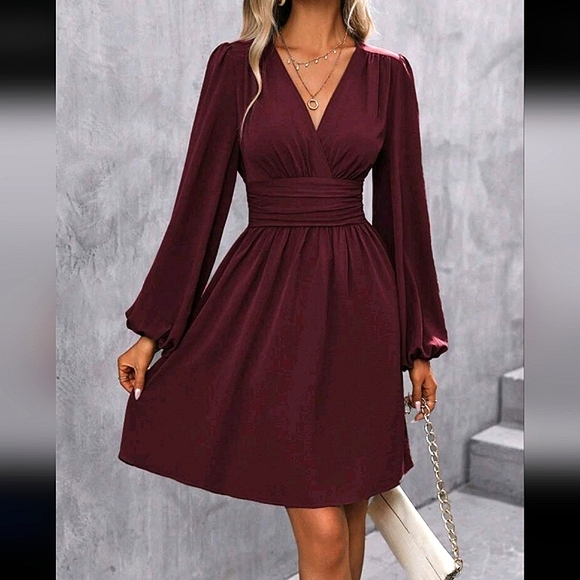 NEW Chic Ruched Waist Lantern Sleeve Dress Burgundy Red - Picture 3 of 9